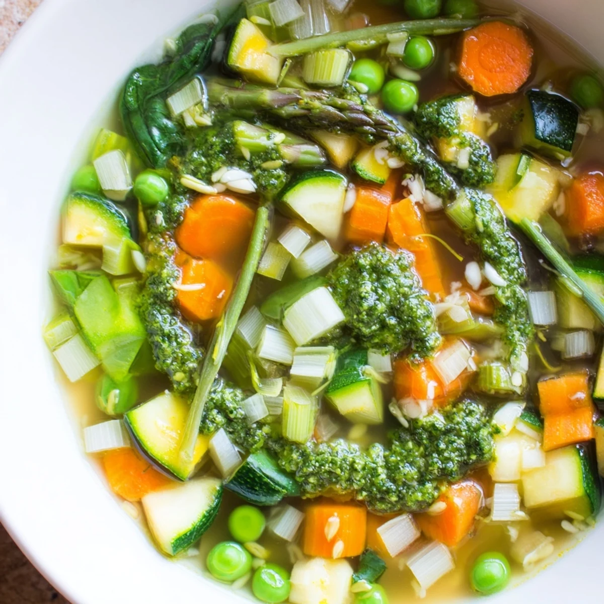 Served in a rustic bowl, Spring Vegetable Soup with Pesto steams gently, garnished with extra basil and a slice of crusty bread.
