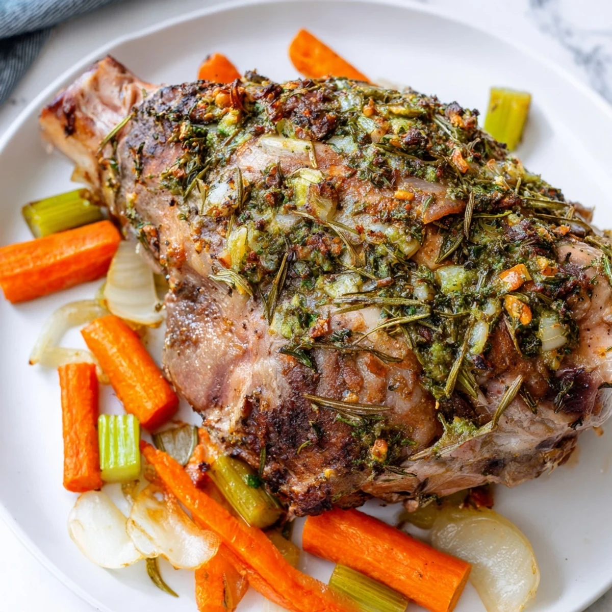 Golden-brown roasted lamb shoulder with herbs sits in a pan, surrounded by caramelized onions, carrots, and celery.  