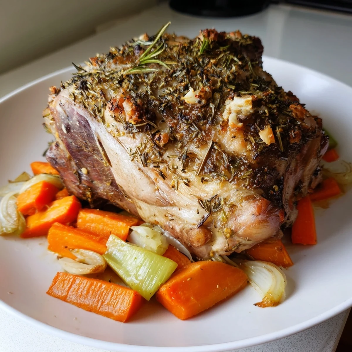 Sliced lamb shoulder showcases its succulent interior, garnished with fresh thyme and a drizzle of pan juices.