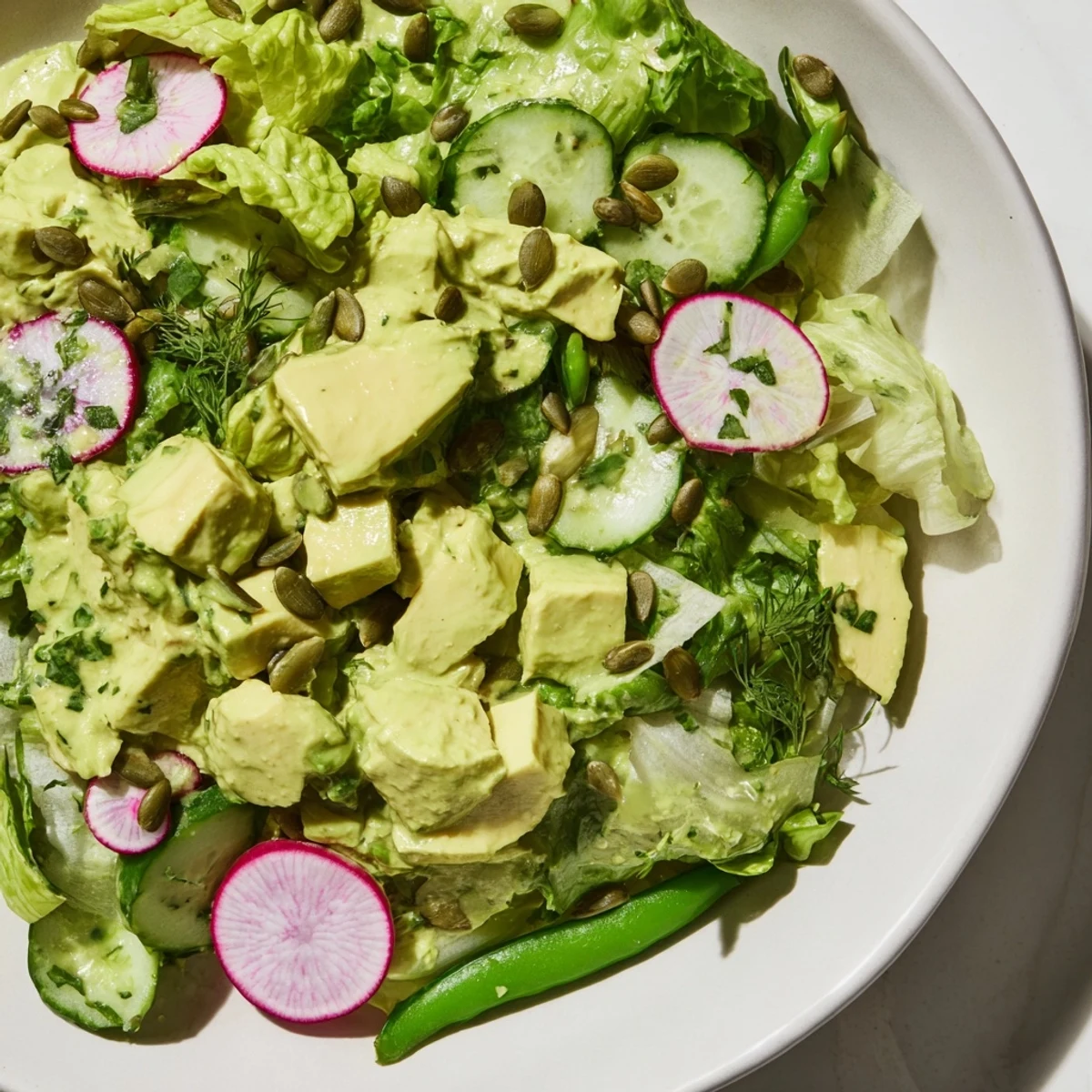 Creamy avocado cubes and crisp veggies mingle in a vibrant Green Goddess Salad with fresh herb dressing.
