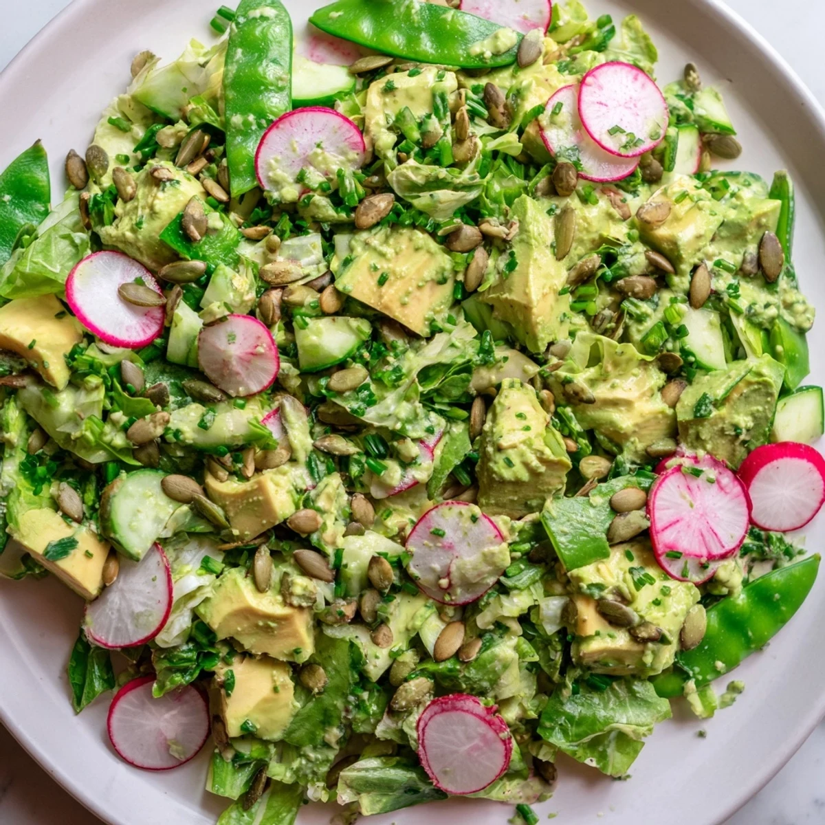 Tossed romaine and spinach with cucumbers, radishes, and pumpkin seeds in a bright Green Goddess Salad.