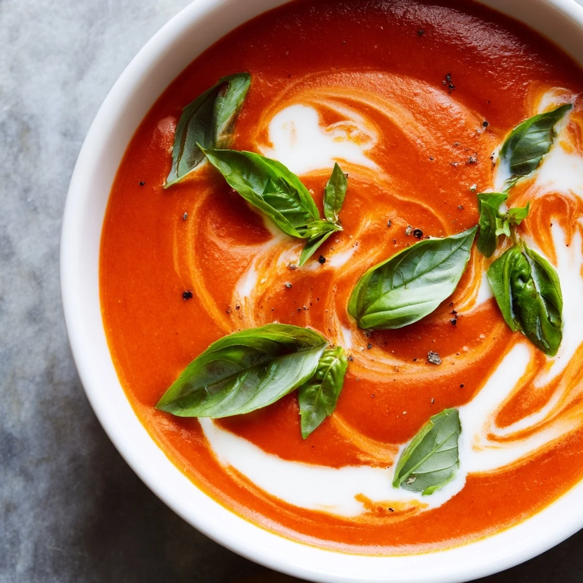 Steaming bowl of creamy tomato soup with basil, topped with fresh green leaves and a swirl of cream, served with crusty bread.  