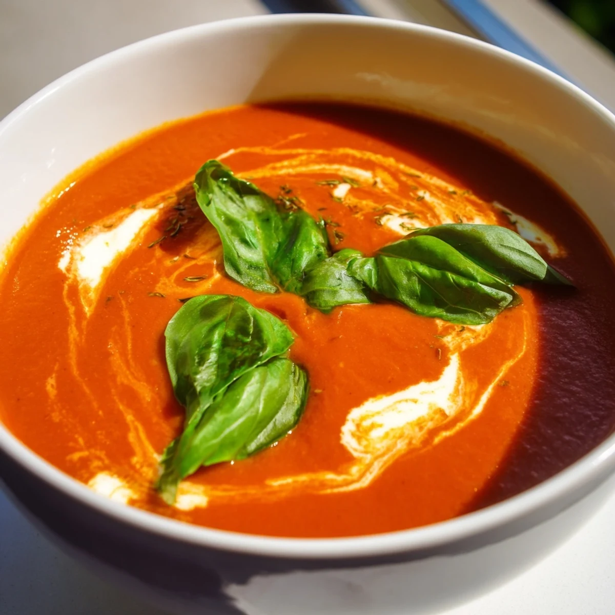 Homemade creamy tomato soup with basil garnish, perfect for a comforting lunch paired with a grilled cheese sandwich.  