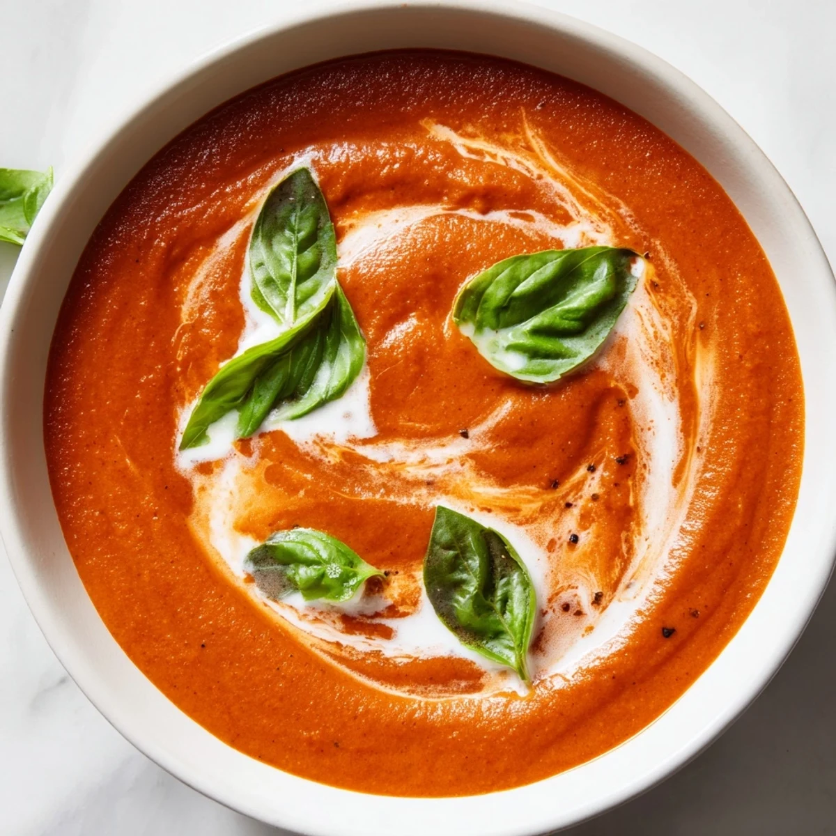 Rich, velvety tomato and basil soup in a rustic bowl, ready to enjoy with a drizzle of olive oil.