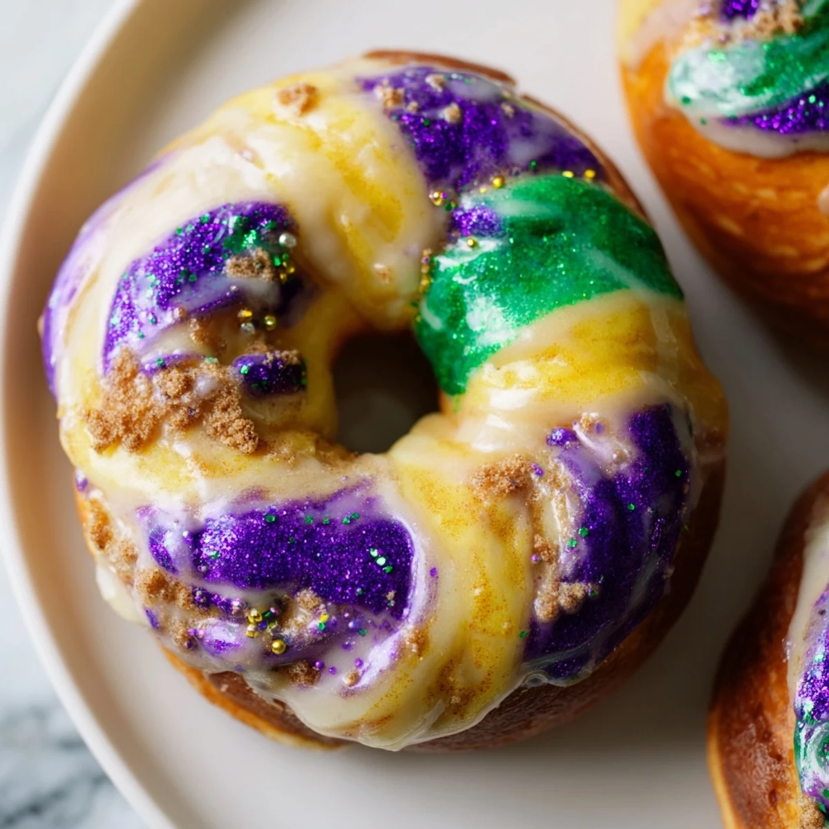 Freshly baked Mardi Gras King Cake Bagels with purple, green, and gold swirls, drizzled with sweet vanilla glaze and festive sanding sugars.  