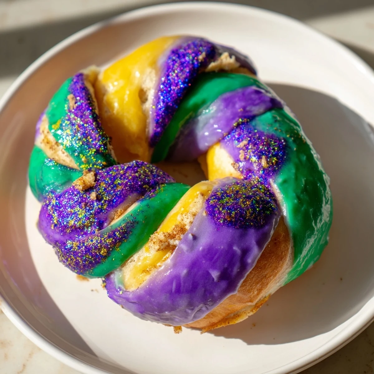 Festive Mardi Gras King Cake Bagels on a wooden board, featuring cinnamon-scented dough with vibrant purple, green, and gold colors.  