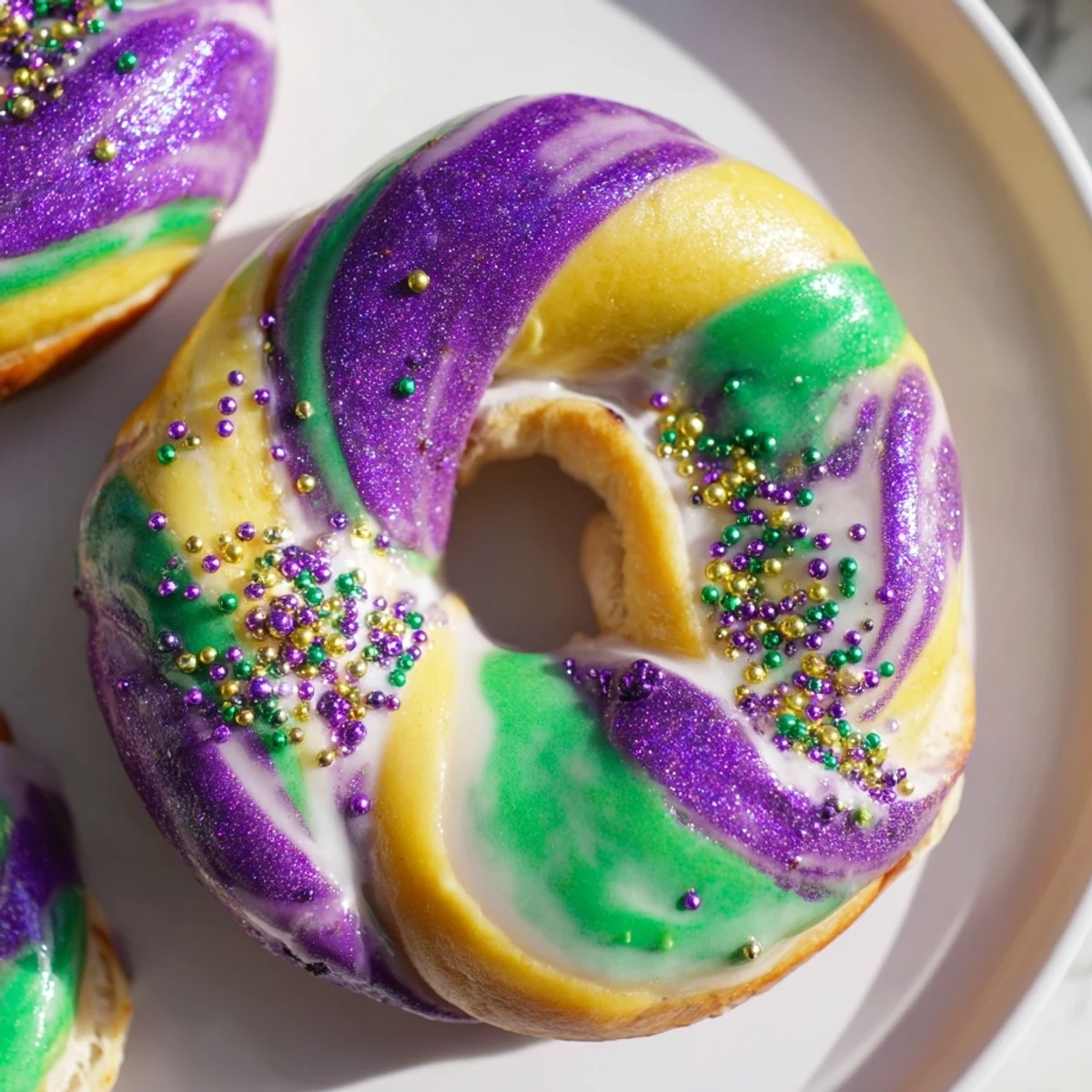 Golden-brown Mardi Gras King Cake Bagels topped with glaze and colorful sugars, perfect for a New Orleans-inspired breakfast or brunch.