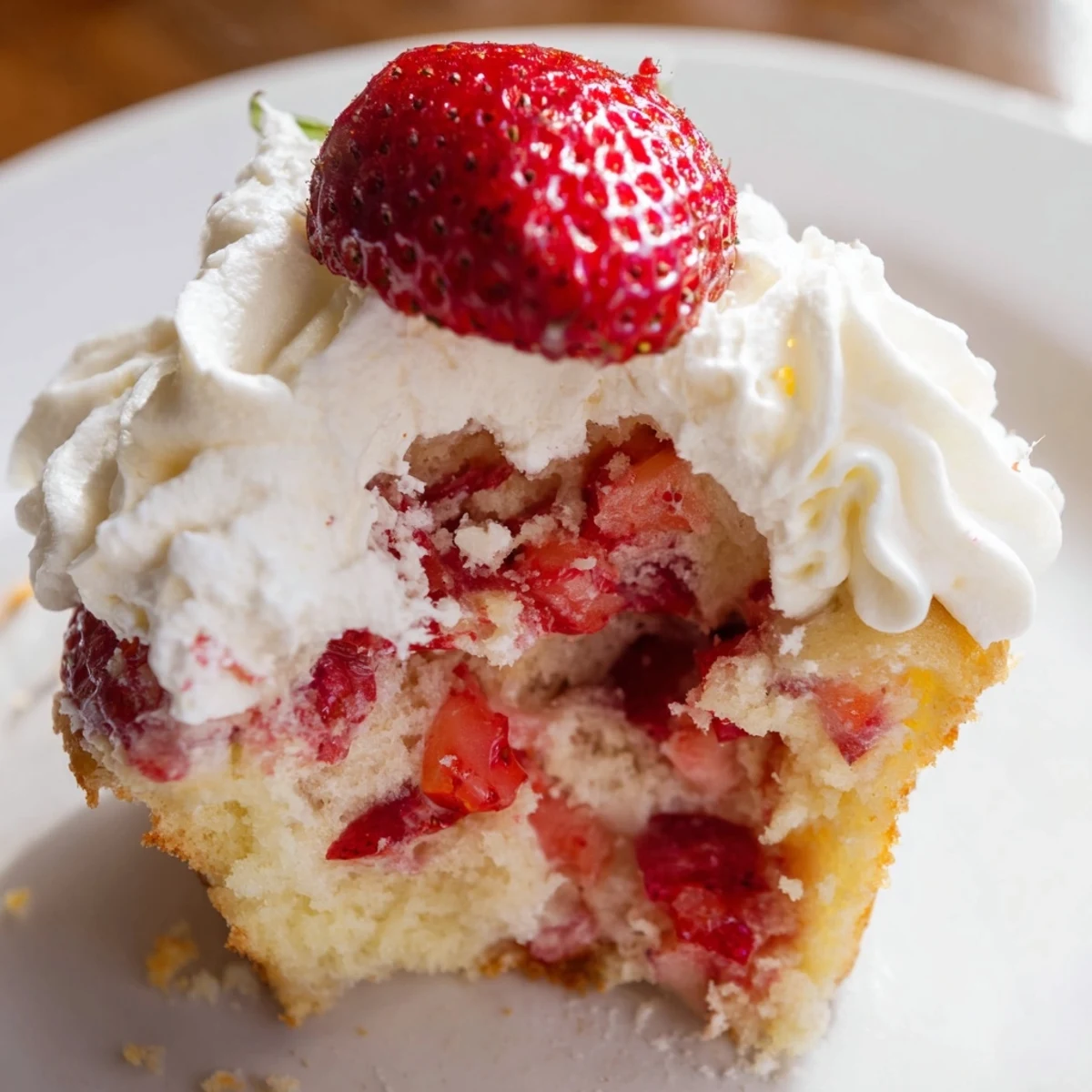 Moist vanilla Strawberry Shortcake Cupcakes filled with fresh strawberries and topped with fluffy whipped cream for a handheld dessert.