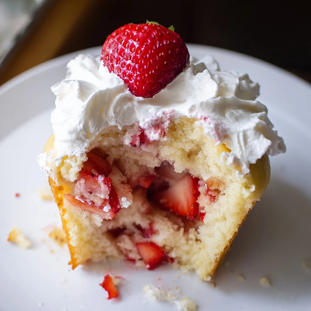 Freshly halved strawberry garnish rests on fluffy whipped cream atop moist Strawberry Shortcake Cupcakes, ready for a summer treat.