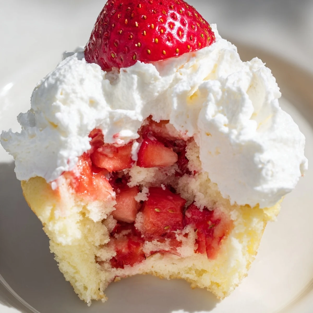 Handheld Strawberry Shortcake Cupcakes with juicy berry filling and piped whipped cream, ideal for picnics or an easy home dessert.
