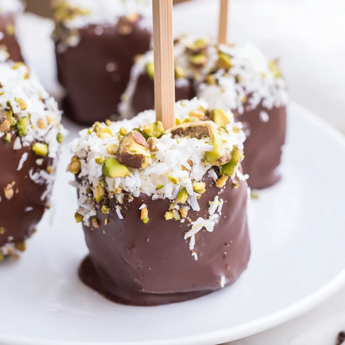 Golden-brown chocolate dipped marshmallows on sticks, garnished with chopped pistachios and flaky sea salt on a wooden board.