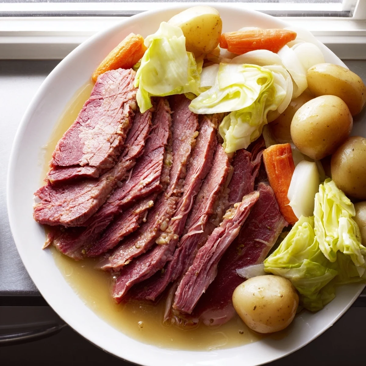 Tender Corned Beef Pot Roast with soft potatoes, carrots, and cabbage, simmered in savory broth for a hearty meal.  