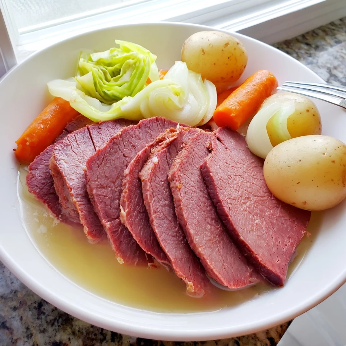 Sliced Corned Beef Pot Roast served with vegetables and mustard, perfect for a cozy St. Patrick's Day dinner.  