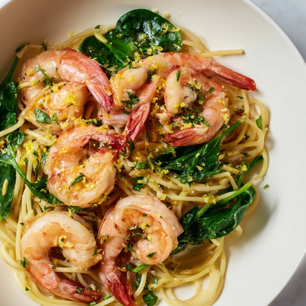 Bright plate of Lemon Garlic Shrimp Pasta with Spinach, featuring sautéed shrimp, al dente spaghetti, and wilted greens.