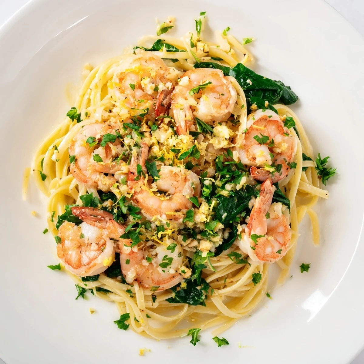 Lemon Garlic Shrimp Pasta with Spinach served steaming hot, with garlic-infused olive oil and lemon zest over twirled noodles.