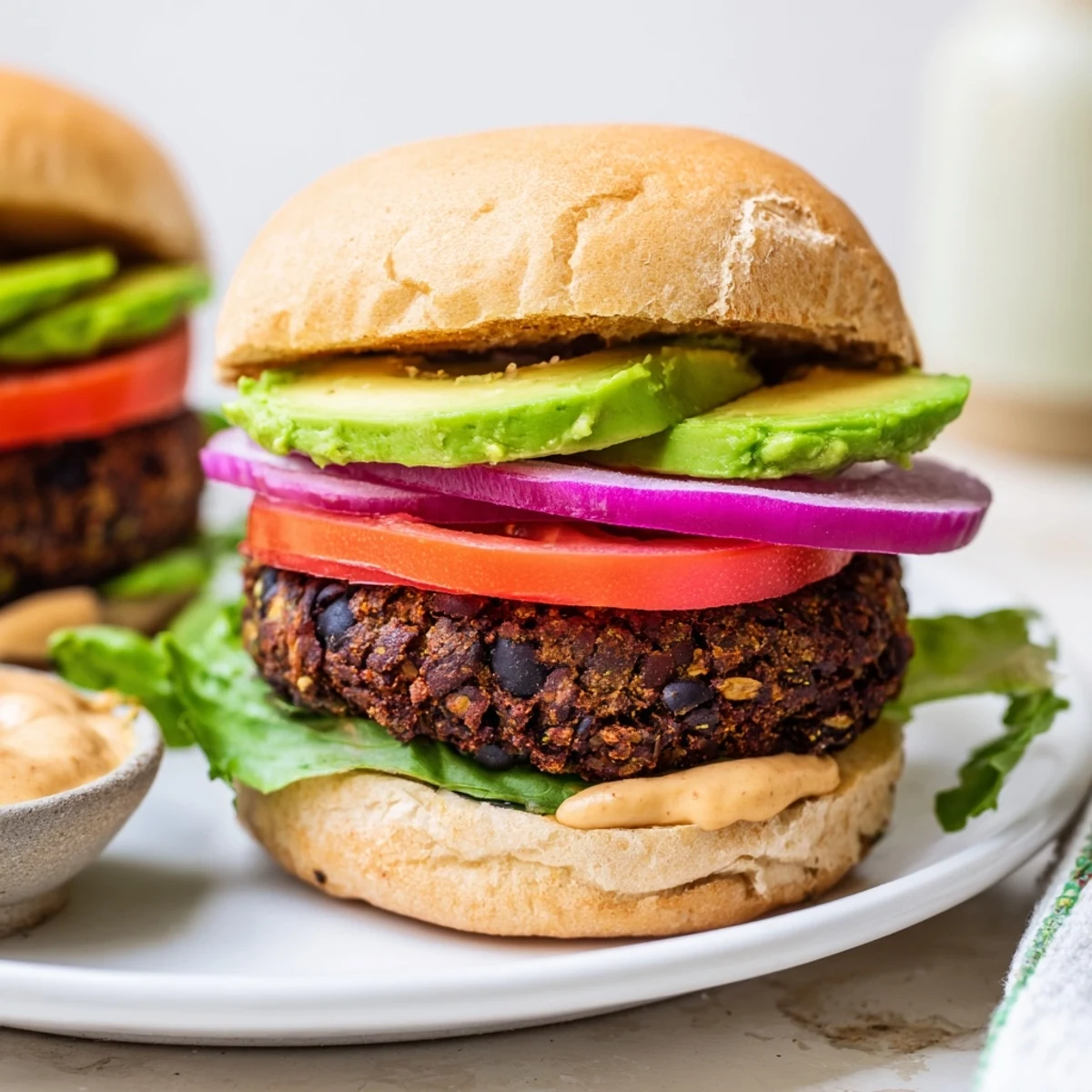 A close-up shows the Vegan Black Bean Burger with Chipotle Mayo dripping with creamy sauce on a toasted sesame bun. 