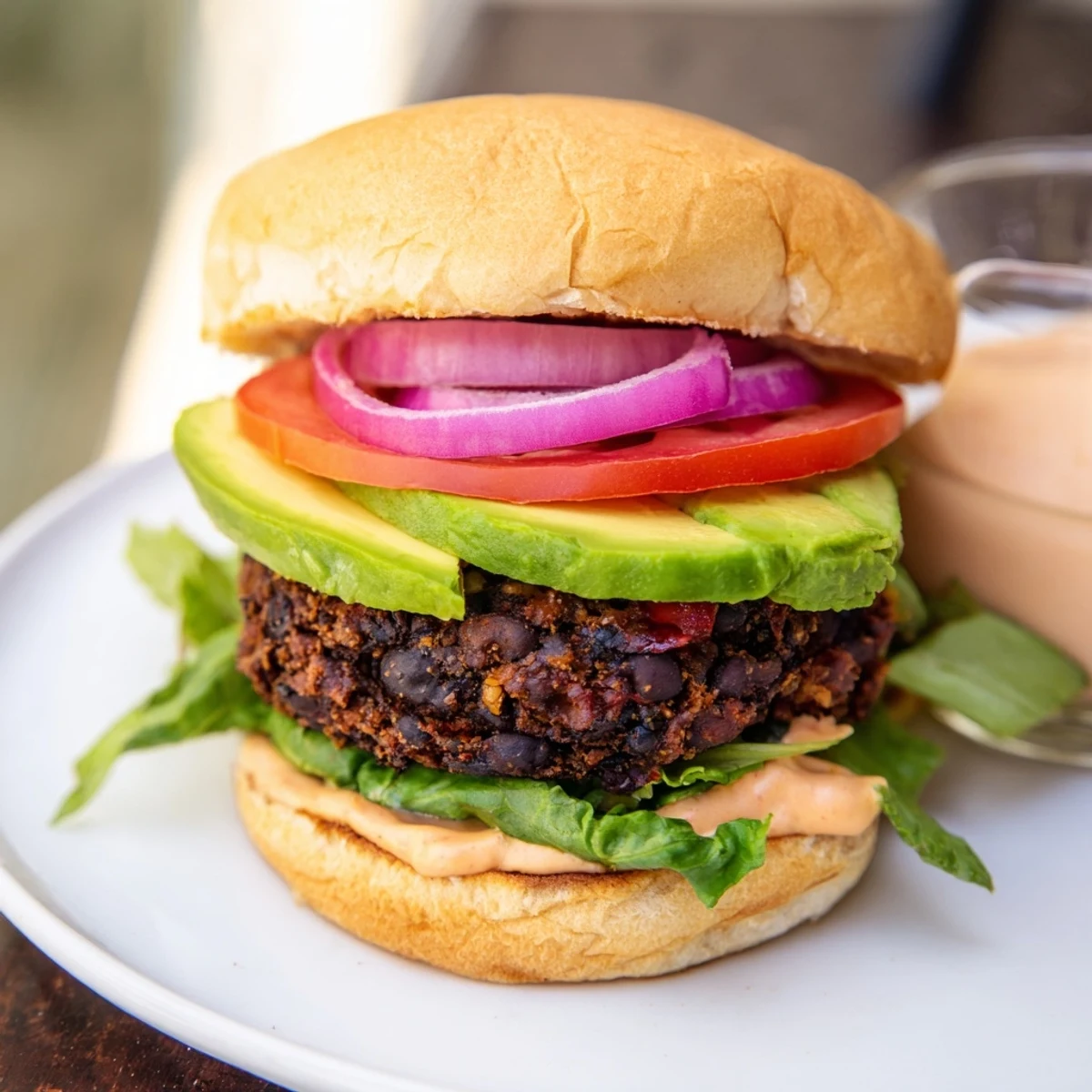 Stacked high with veggies, the Vegan Black Bean Burger with Chipotle Mayo is ready to be enjoyed for dinner.