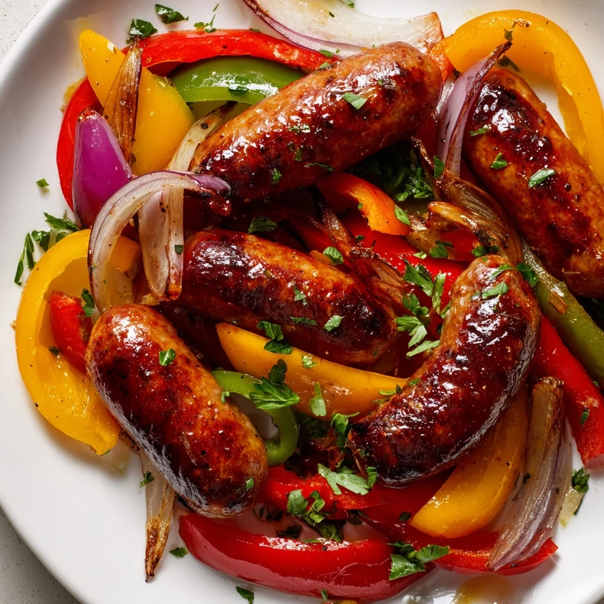 Sheet pan sausage and peppers roasted with colorful bell peppers and onions, served straight from the pan.