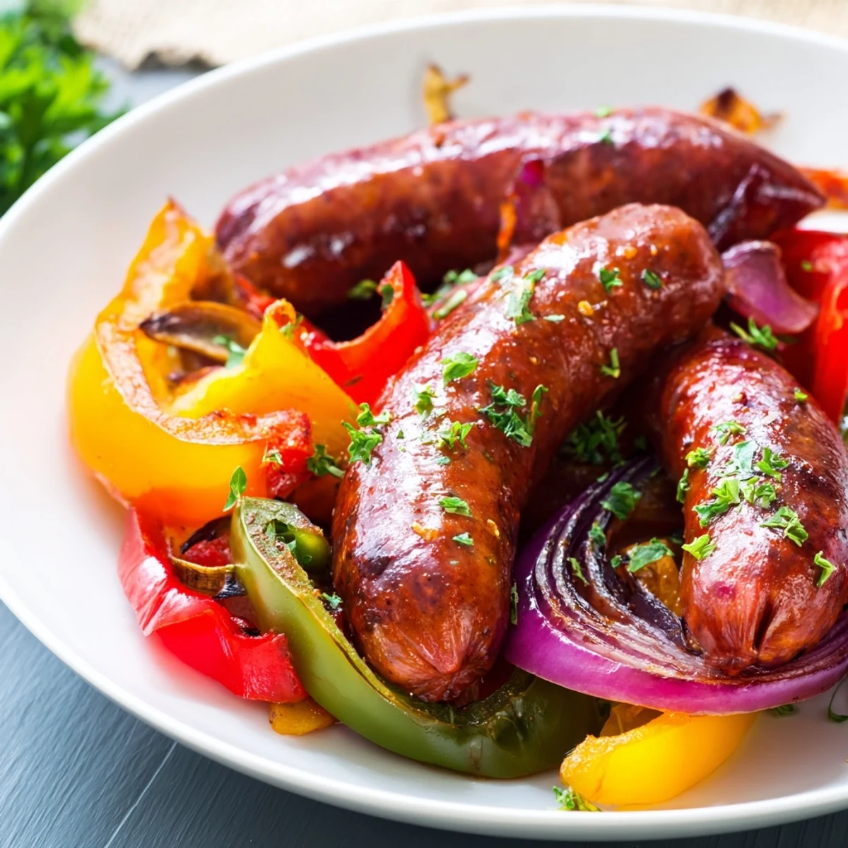 Sheet pan sausage and peppers with caramelized onions and peppers, garnished with fresh parsley on a rustic table.