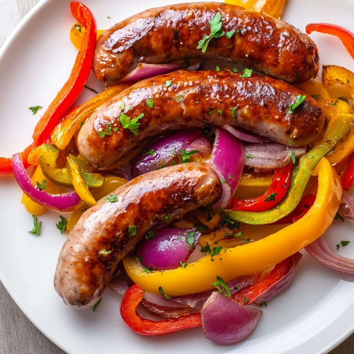 Sheet pan sausage and peppers presented over rice with juicy sausages and tender vegetables for a hearty meal.