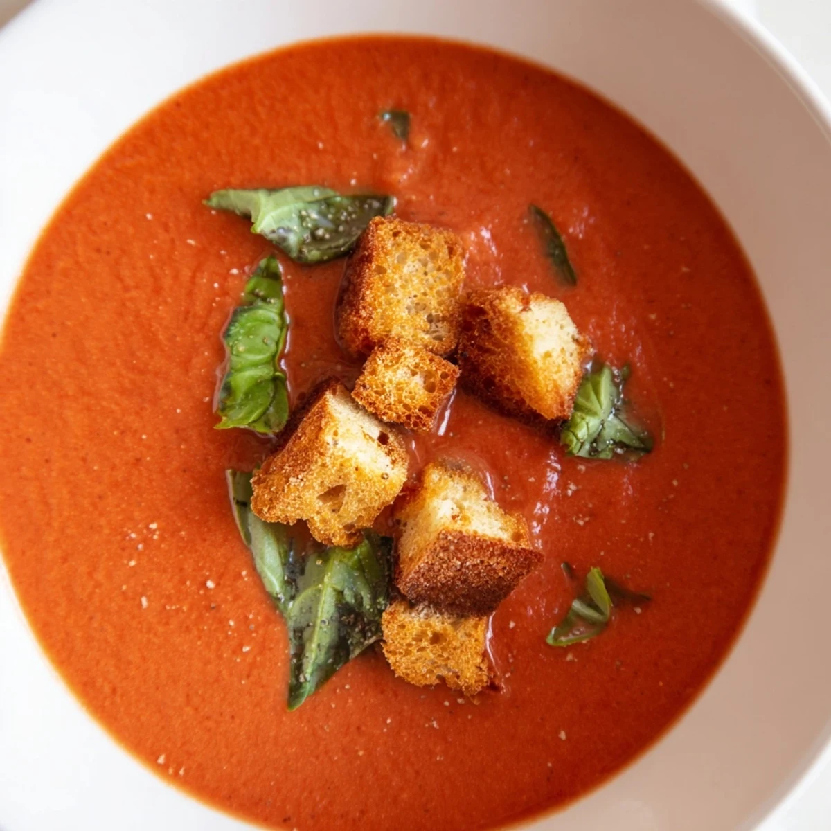 Creamy Tomato Basil Bisque with Croutons in a white bowl with a golden grilled cheese sandwich beside it. 