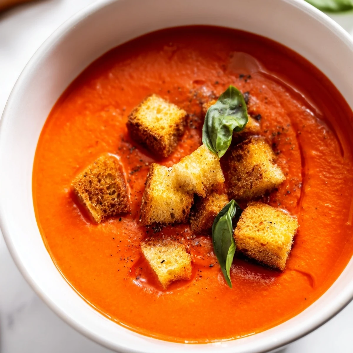 Creamy Tomato Basil Bisque with Croutons garnished with fresh basil leaves and a drizzle of heavy cream. 