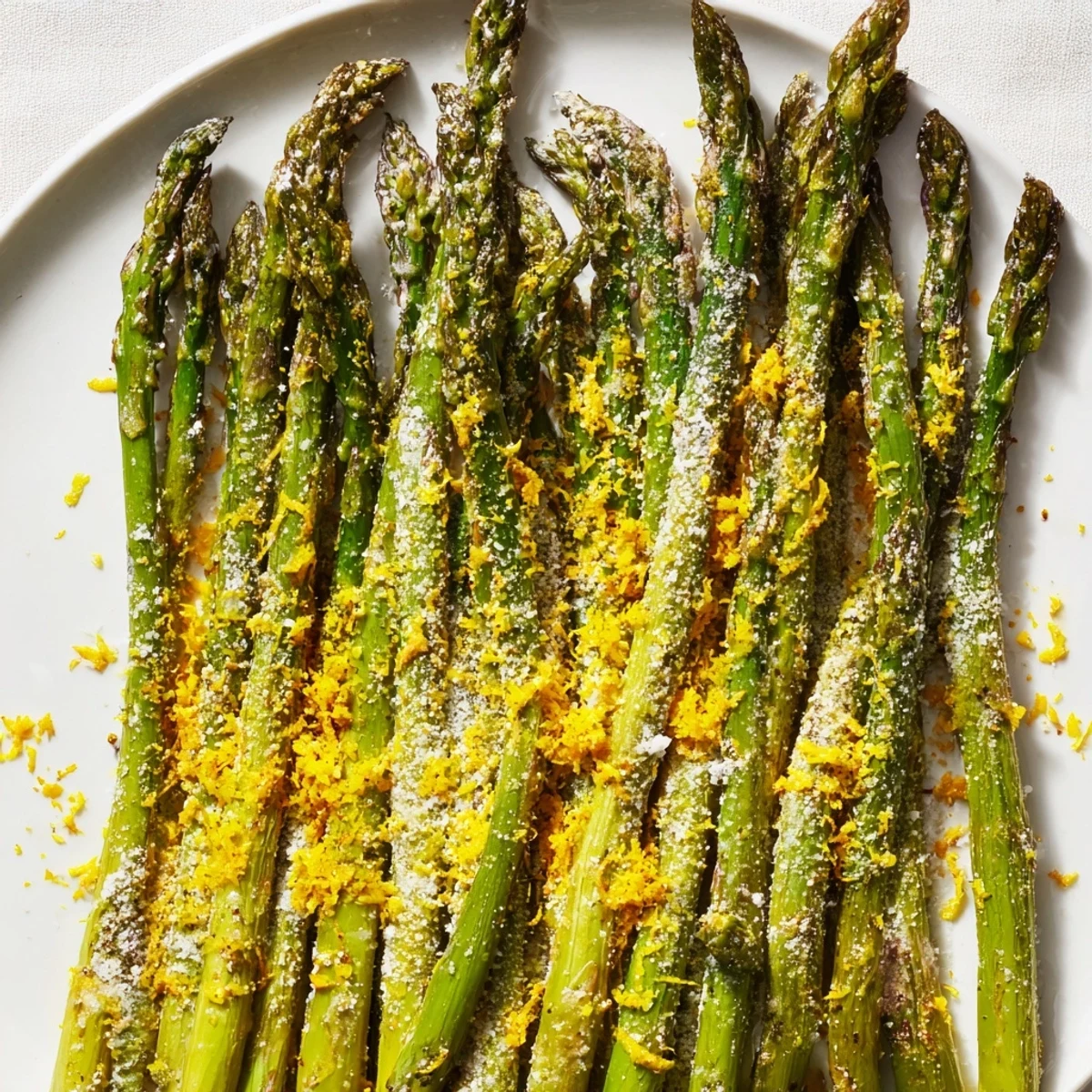 Golden Roasted Asparagus with Parmesan and Lemon glistening on a plate, topped with grated cheese and fresh zest.