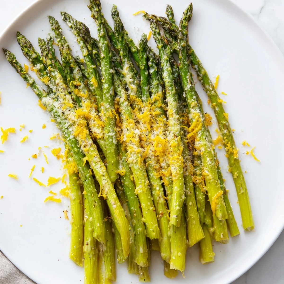 Garlic Roasted Asparagus with Parmesan and Lemon served warm beside grilled chicken for a vibrant dinner.