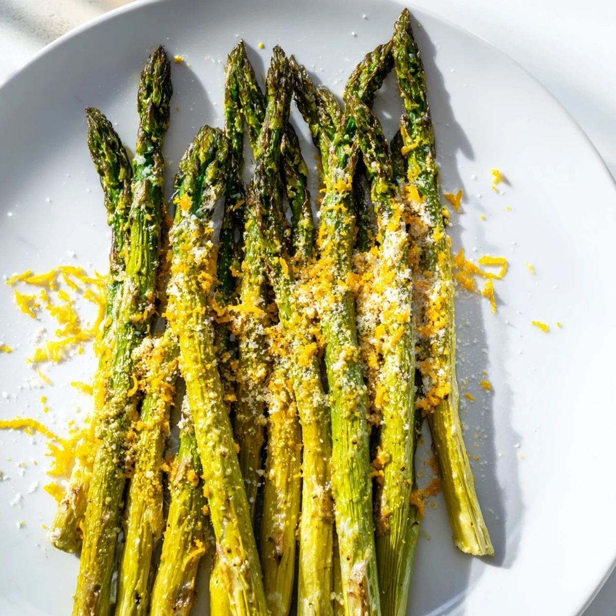 Crisp Roasted Asparagus with Parmesan and Lemon on a baking sheet with a lemon wedge garnish.