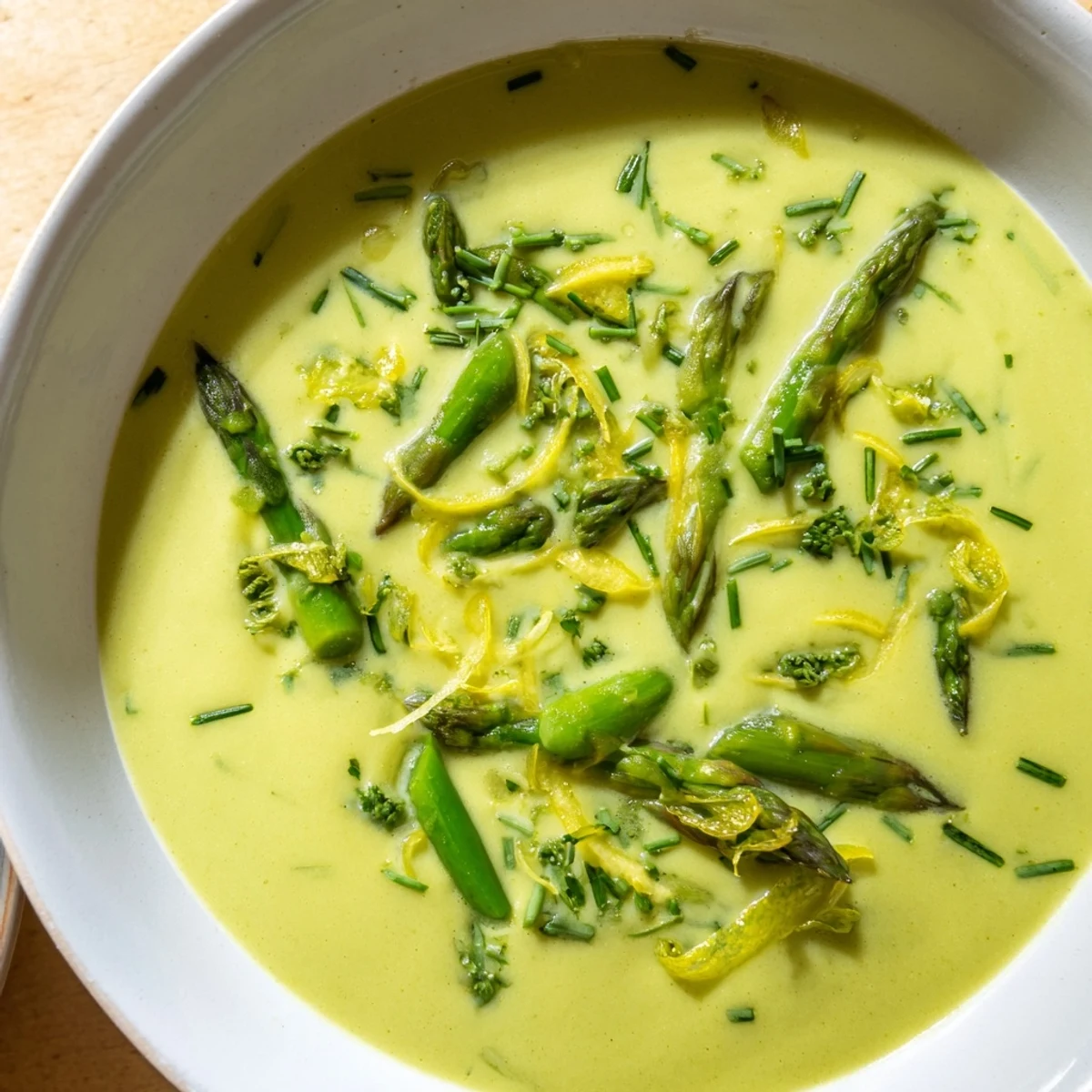 Creamy Asparagus Soup with Lemon simmering in a pot, bright green puree with steam rising, ready to serve.