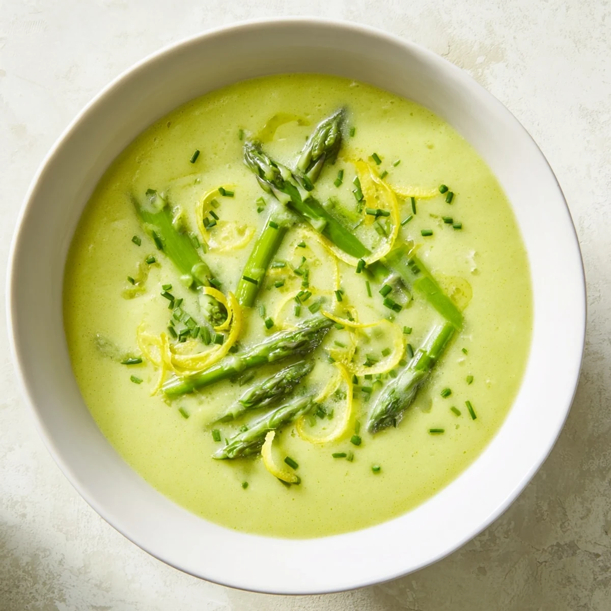 Bowl of Creamy Asparagus Soup with Lemon garnished with chives and lemon zest, beside crusty bread for dipping.