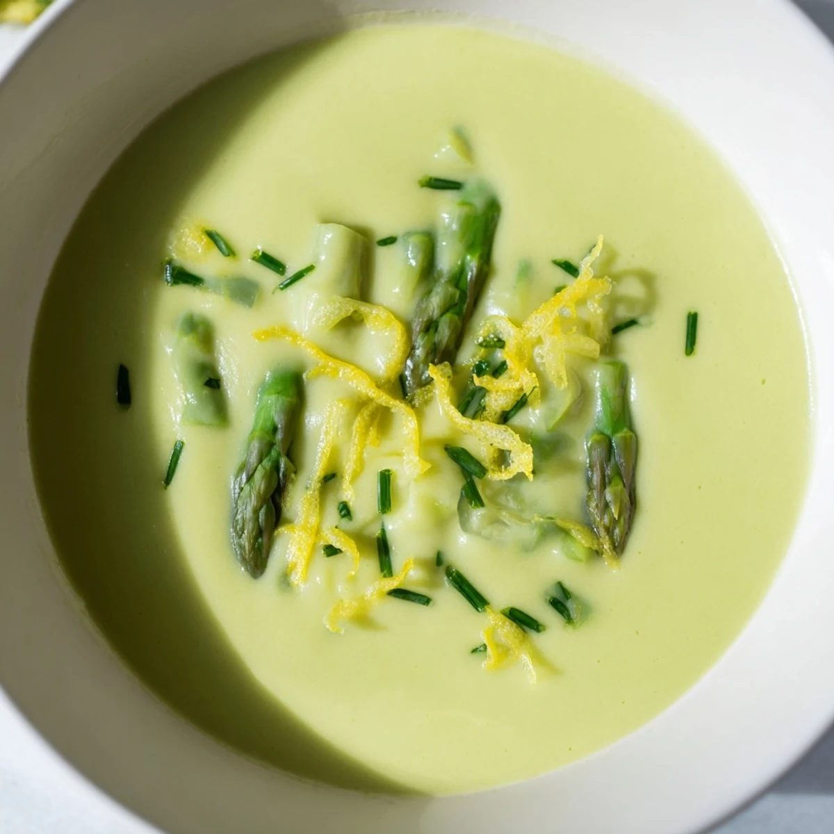 Close-up of Creamy Asparagus Soup with Lemon in a white bowl, velvety texture and light cream swirl on top.