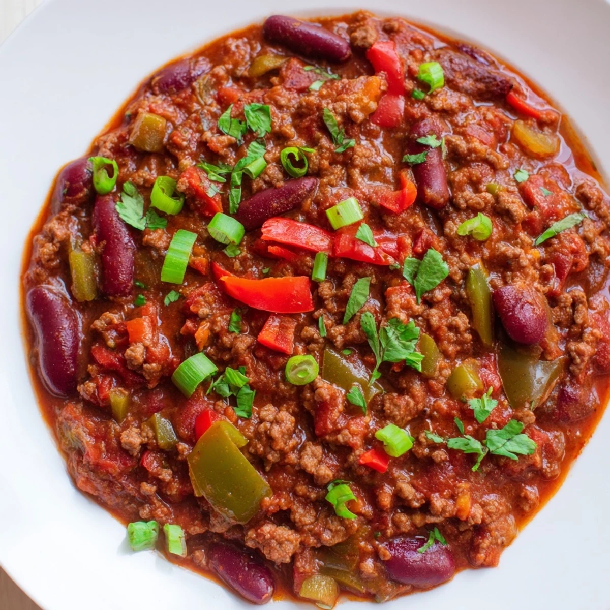 A hearty bowl of Spicy Beef Chili with Kidney Beans, topped with melted cheddar and sour cream for a cozy meal.