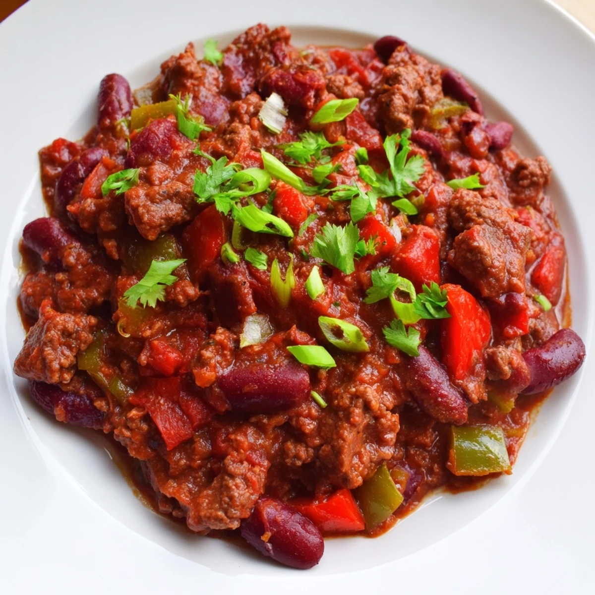 Steam rises from this Spicy Beef Chili with Kidney Beans, served alongside warm cornbread for a comforting dinner.