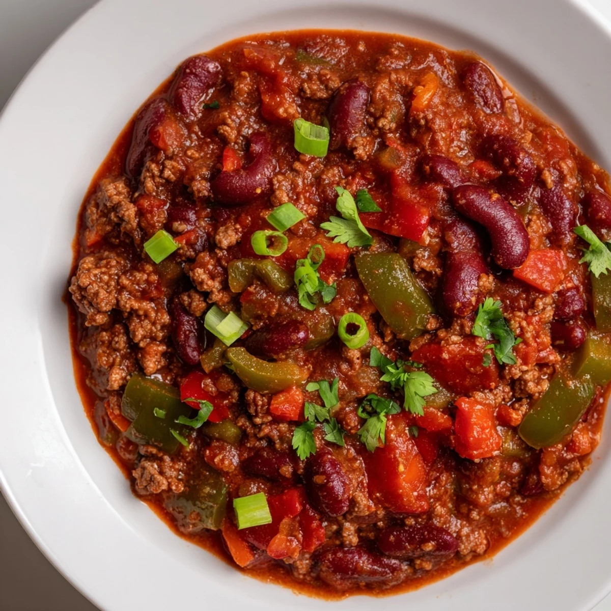 Close-up of Spicy Beef Chili with Kidney Beans, featuring tender beef and beans in a rich, red tomato sauce.