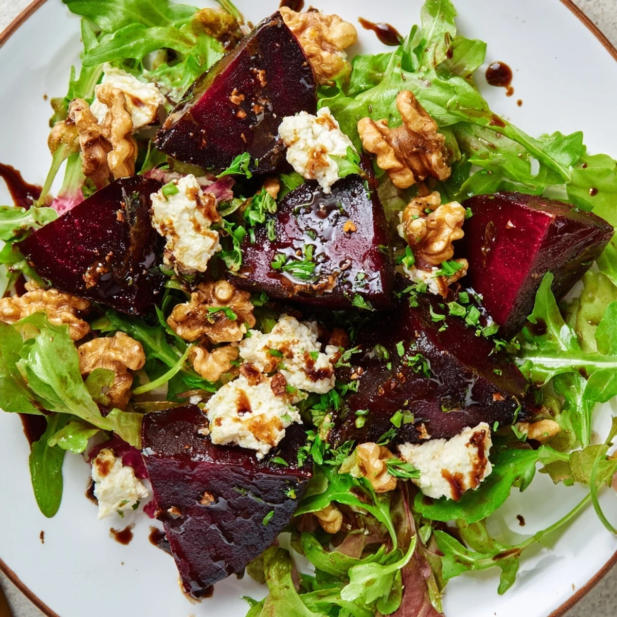 Roasted Beet Salad with Goat Cheese on a dark platter, featuring ruby-red beets, creamy crumbles, and toasted walnuts beside leafy greens.