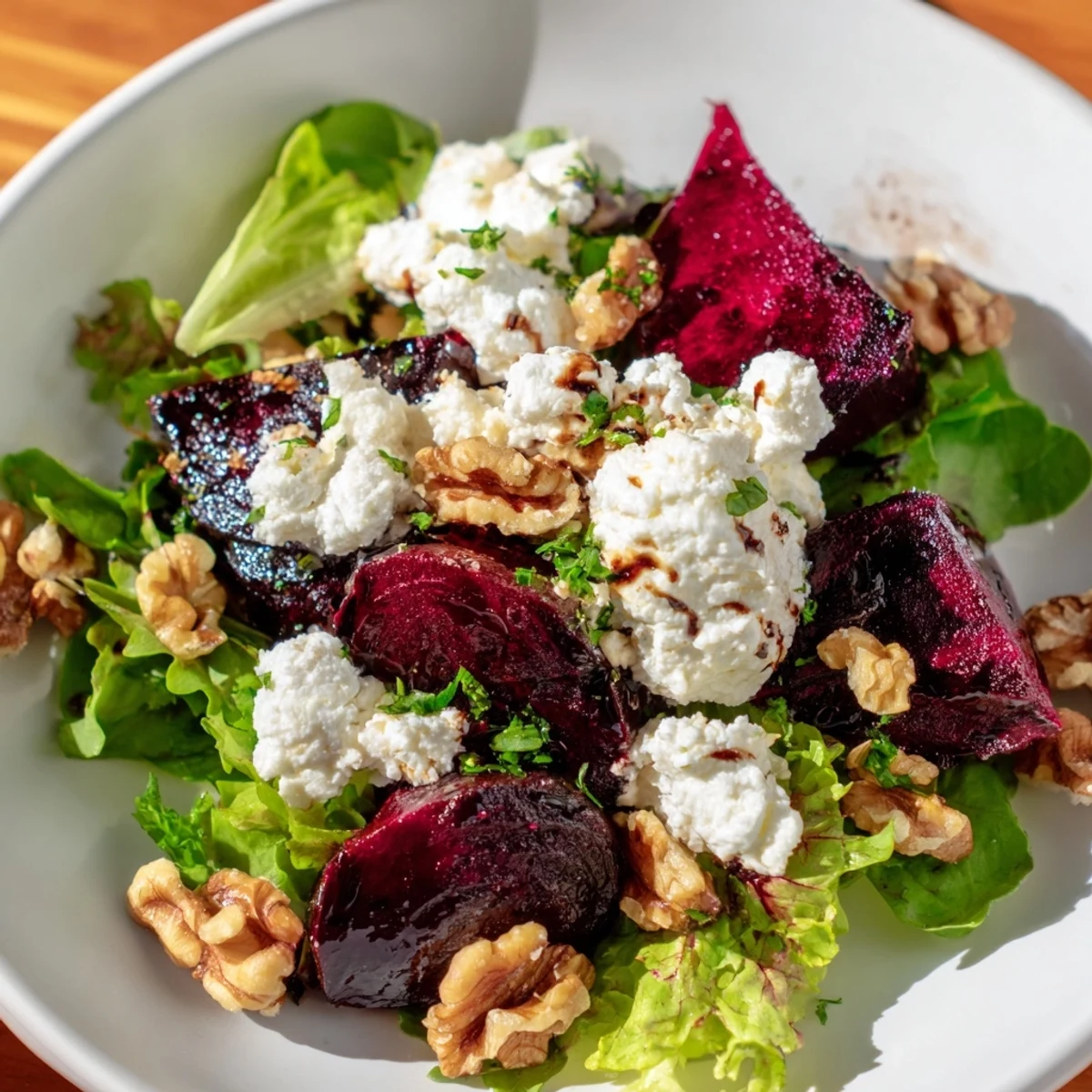 For visually impaired users: a vibrant bowl of Roasted Beet Salad with Goat Cheese, highlighting earthy beets, tangy vinaigrette, and fresh herbs.
