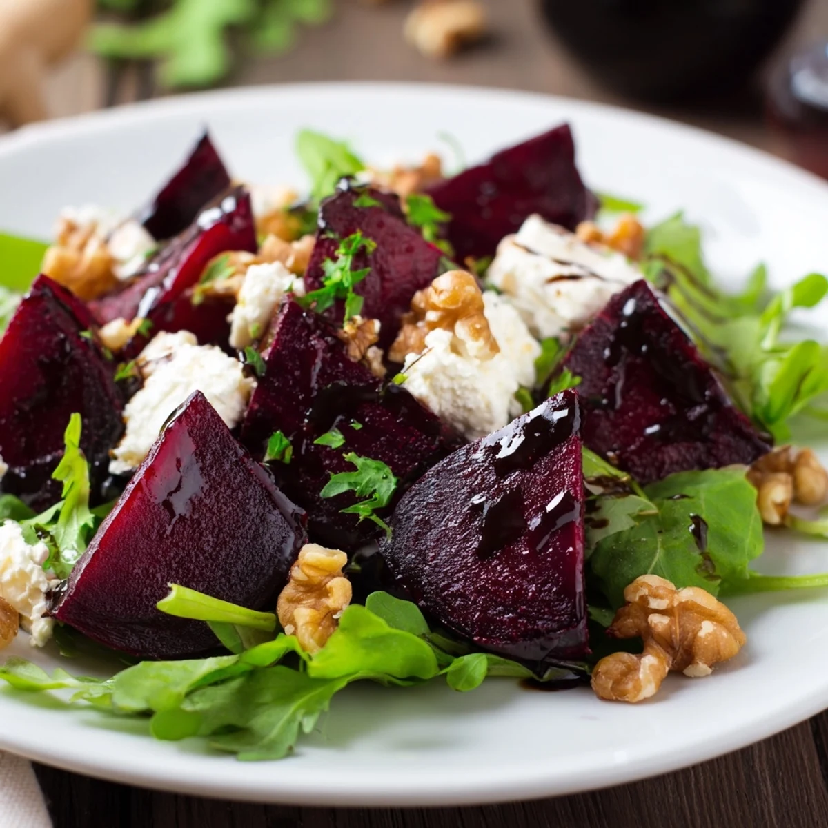 A top-down photo of Roasted Beet Salad with Goat Cheese, showing glossy beet wedges, crunchy walnuts, and greens ready to serve at dinner.