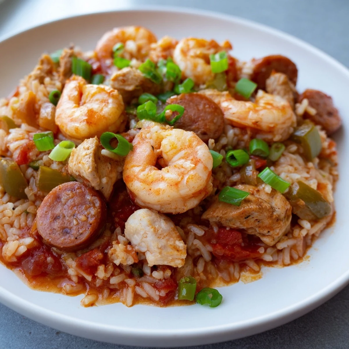 Close-up of Mardi Gras Jambalaya with Chicken and Shrimp, showcasing tender meat and vibrant bell peppers in a savory rice dish.