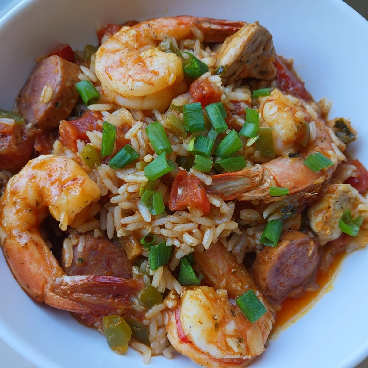 Hearty Mardi Gras Jambalaya with Chicken and Shrimp served in a rustic bowl, ready to be enjoyed at a lively celebration.