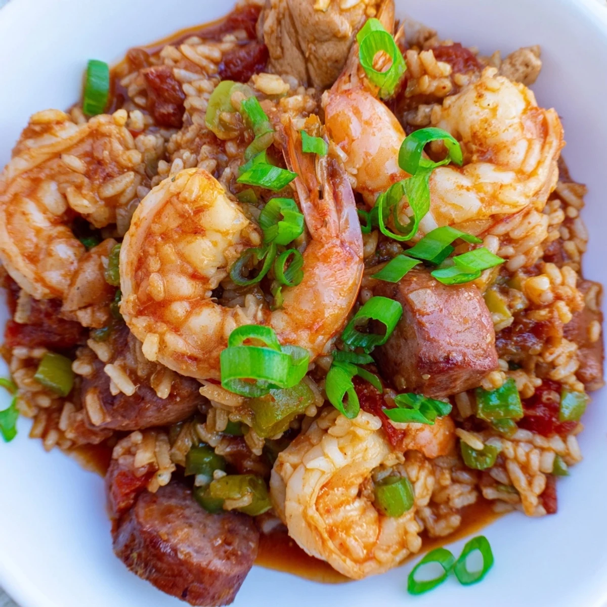 A steaming pot of Mardi Gras Jambalaya with Chicken and Shrimp, garnished with fresh parsley and green onions for a festive meal.