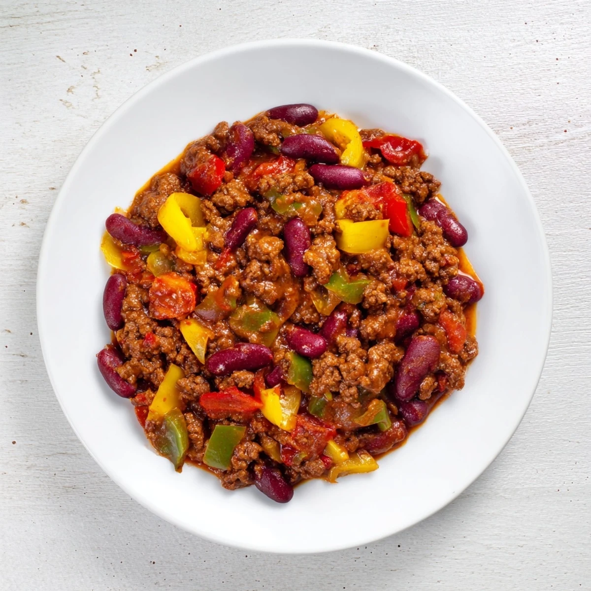 A steaming bowl of Spicy Beef Chili with Kidney Beans and Peppers topped with cheddar cheese and sour cream.