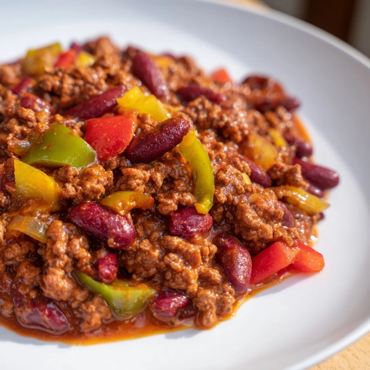 A spoonful of rich Spicy Beef Chili with Kidney Beans and Peppers showing tender beef and vibrant pepper pieces.