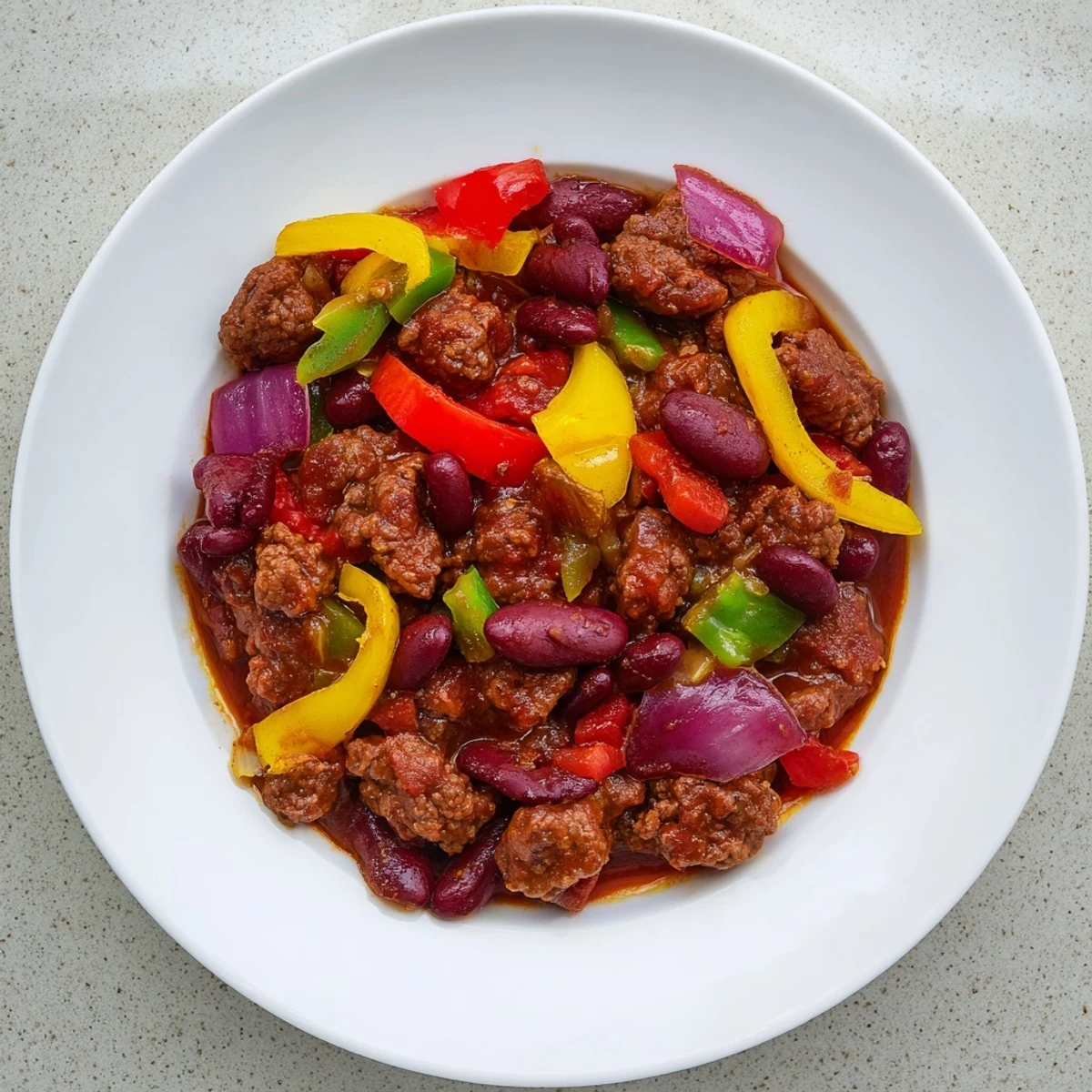 Close-up of hearty Spicy Beef Chili with Kidney Beans and Peppers in a rustic Dutch oven with jalapeños and onions.