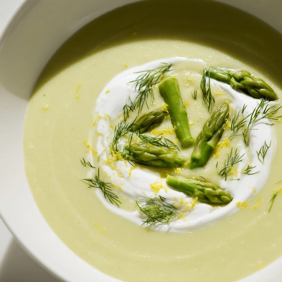 Creamy Asparagus Soup with Lemon and Dill served in a rustic bowl with a swirl of cream and fresh dill garnish.