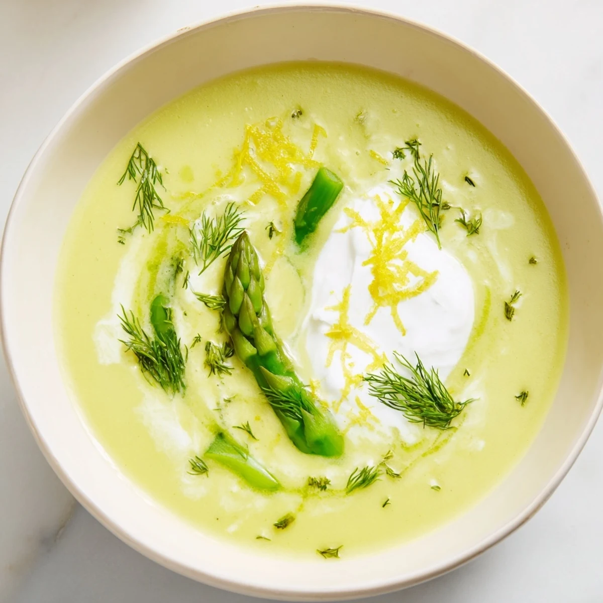 A bowl of Creamy Asparagus Soup with Lemon and Dill topped with bright green tips and lemon zest.