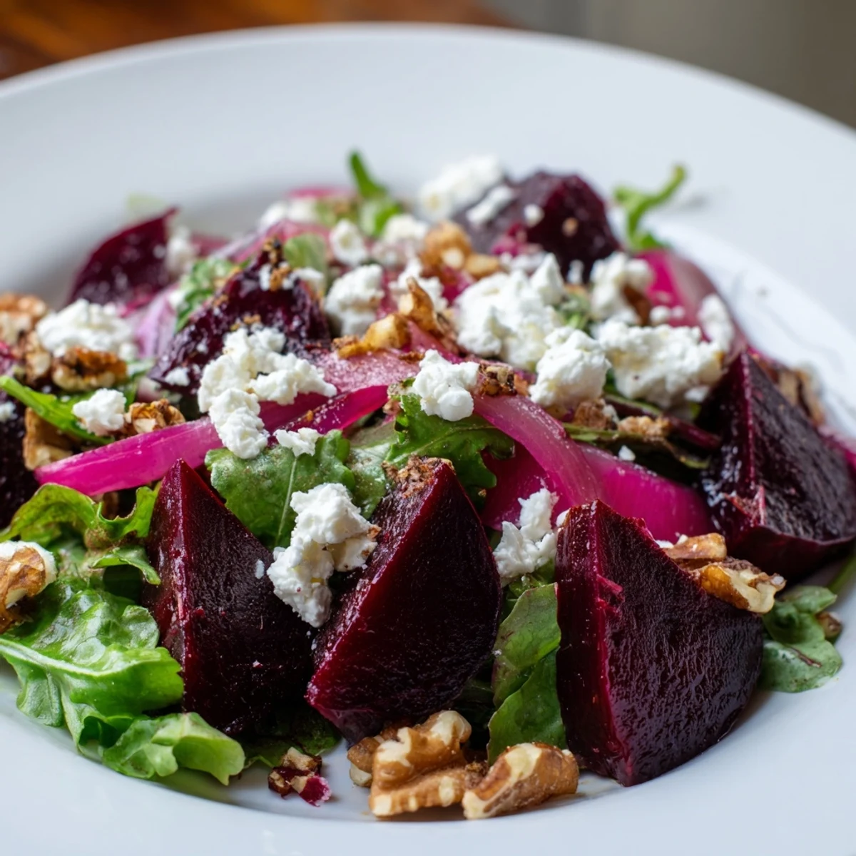 A vibrant Roasted Beet Salad with Goat Cheese Crumbles on a white plate, topped with toasted walnuts and red onion slices.