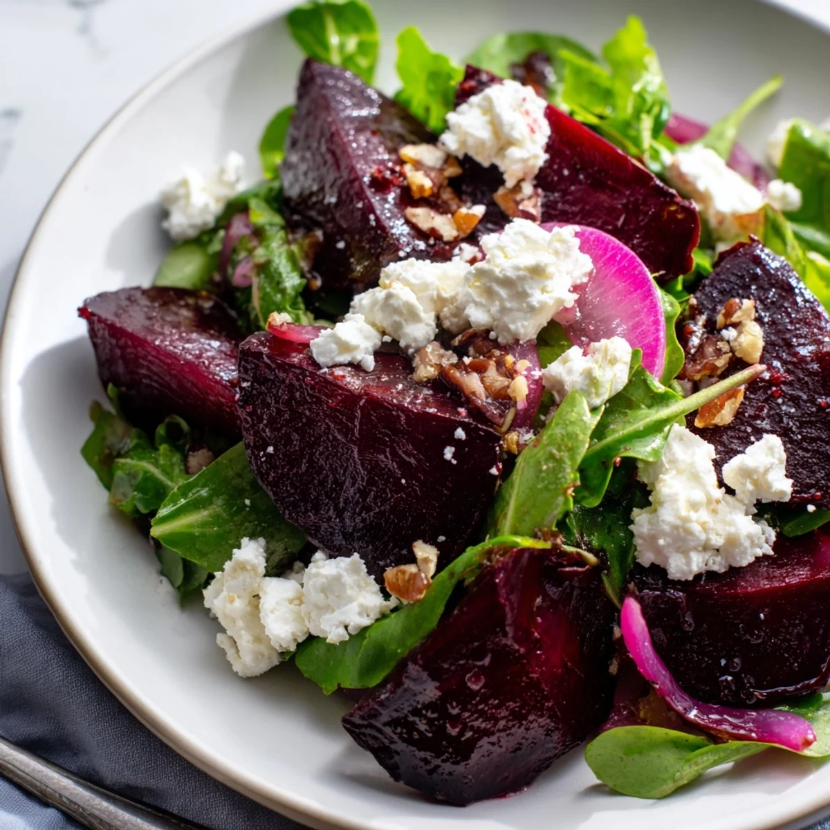 Serving the Roasted Beet Salad with Goat Cheese Crumbles as a light vegetarian meal, paired with a glass of Sauvignon Blanc.