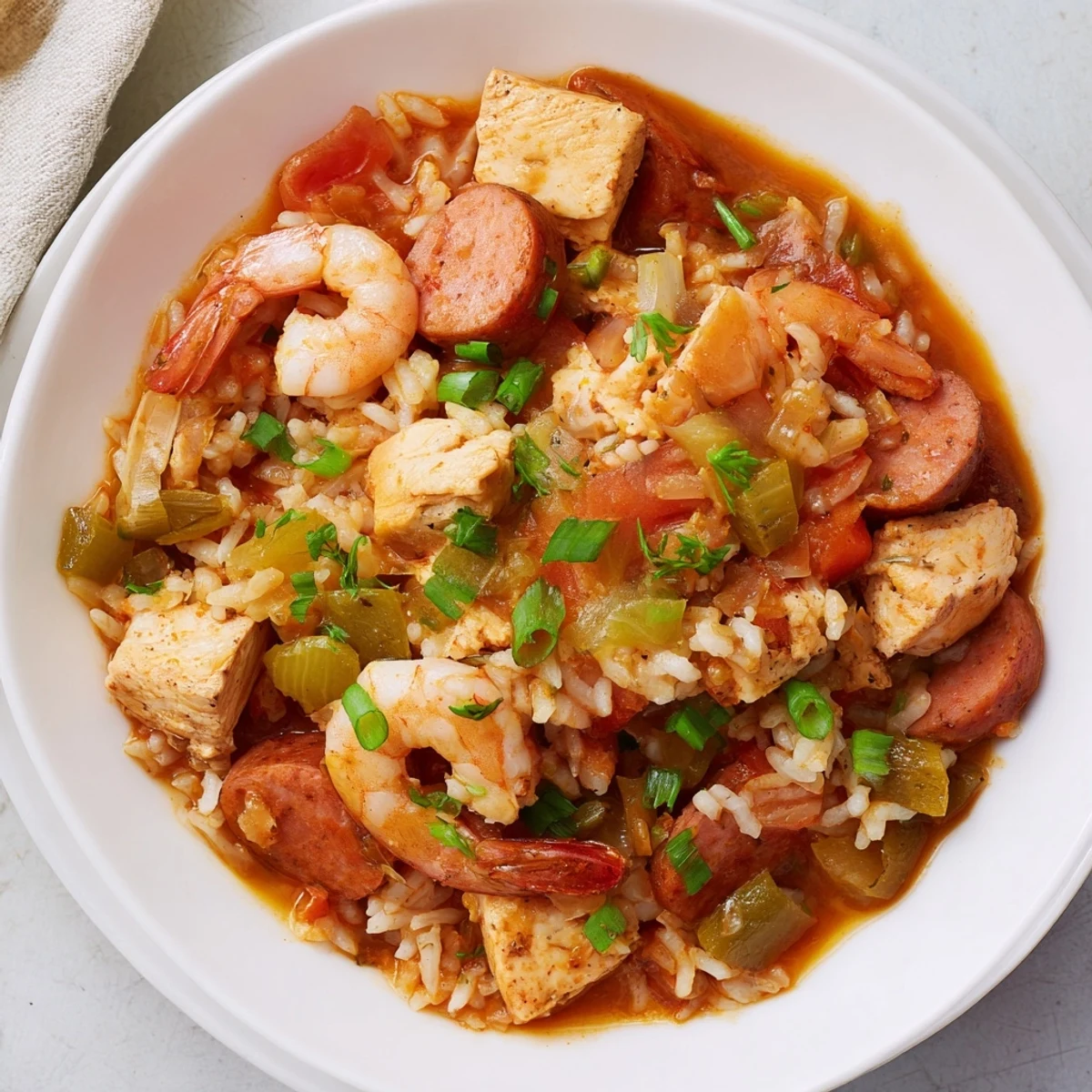 Close-up of Mardi Gras Jambalaya with Chicken and Shrimp in a Dutch oven, garnished with fresh parsley.