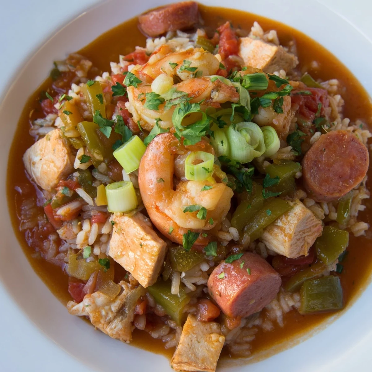 Steaming pot of Mardi Gras Jambalaya with Chicken and Shrimp next to crusty French bread on a rustic table.